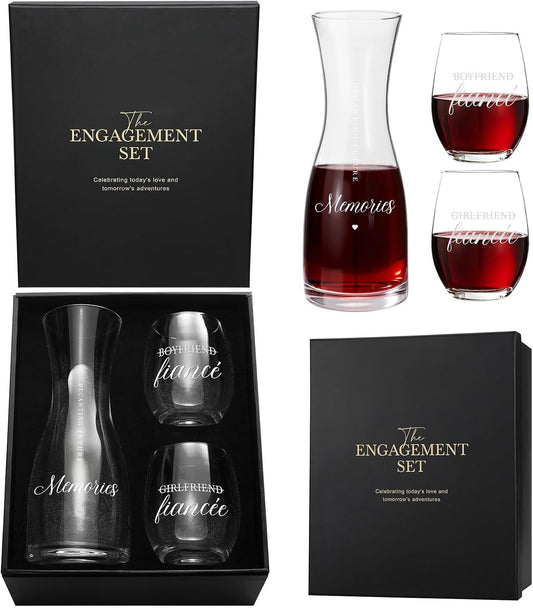 AW BRIDAL Engagement Gifts for Couples 2025 Wine Glasses Set, Fiance Gifts for Women and Newly Wed, Wedding Gift for Bride and Groom, Wine Decanter Set for Engagement Party and Proposal Decorations