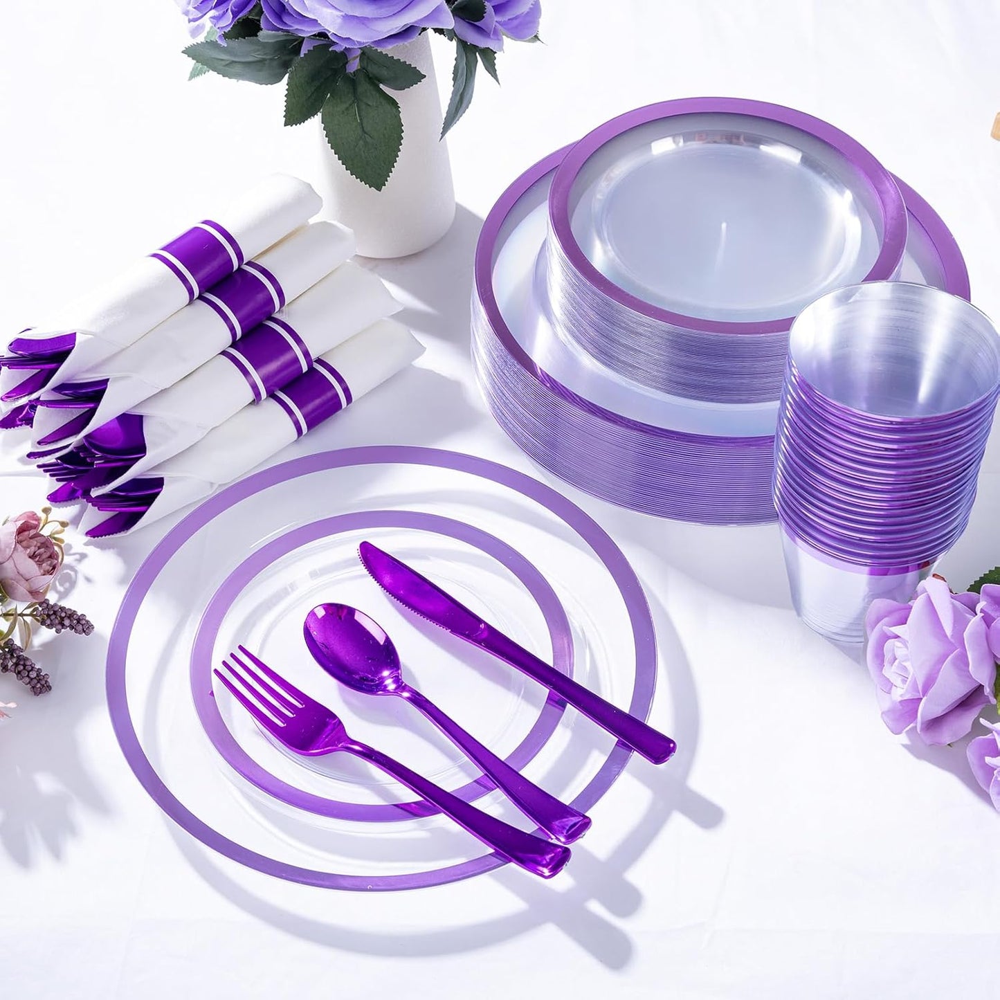 I00000 210 Pcs Clear Purple Plates for 30 Guests, Purple Dinnerware Include 60 Plates, 30 Cups, 30 Pre Rolled Napkins with Cutlery Set for Party and Wedding