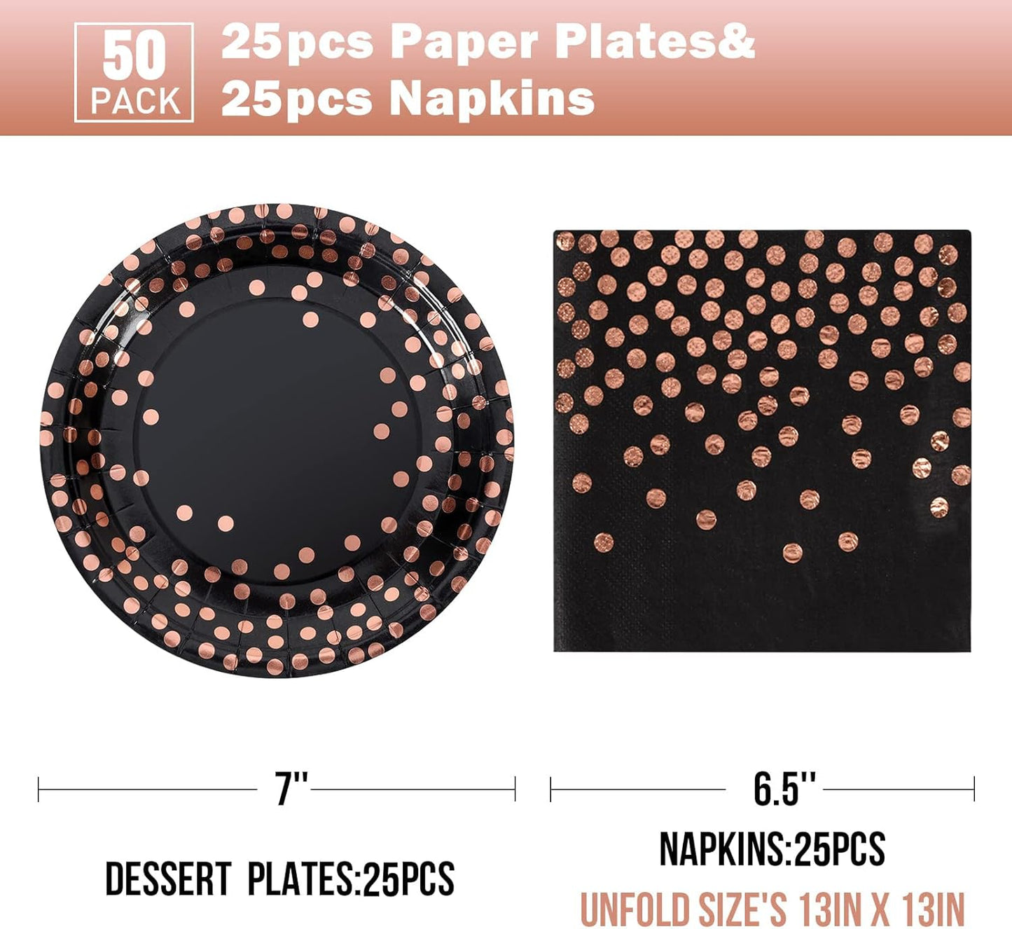 Black and Rose Gold Paper Plates and Napkins 50 Pack-25 * 7" Paper Plates & 25 * 6.5" Napkins,Party Supplies for Graduation Retirement,Birthdays Receptions and All Occasions