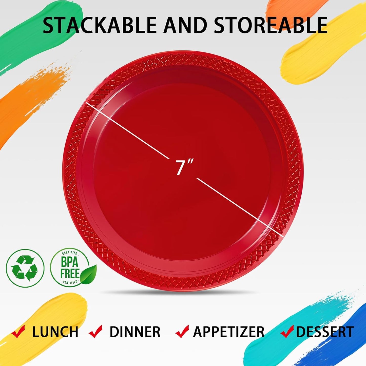 WELLIFE 7 Inch Red Dessert Plates 150 Count, Red Plastic Disposable Party Plates for Dessert Cake Appetizers Salad Easter Mother's Day
