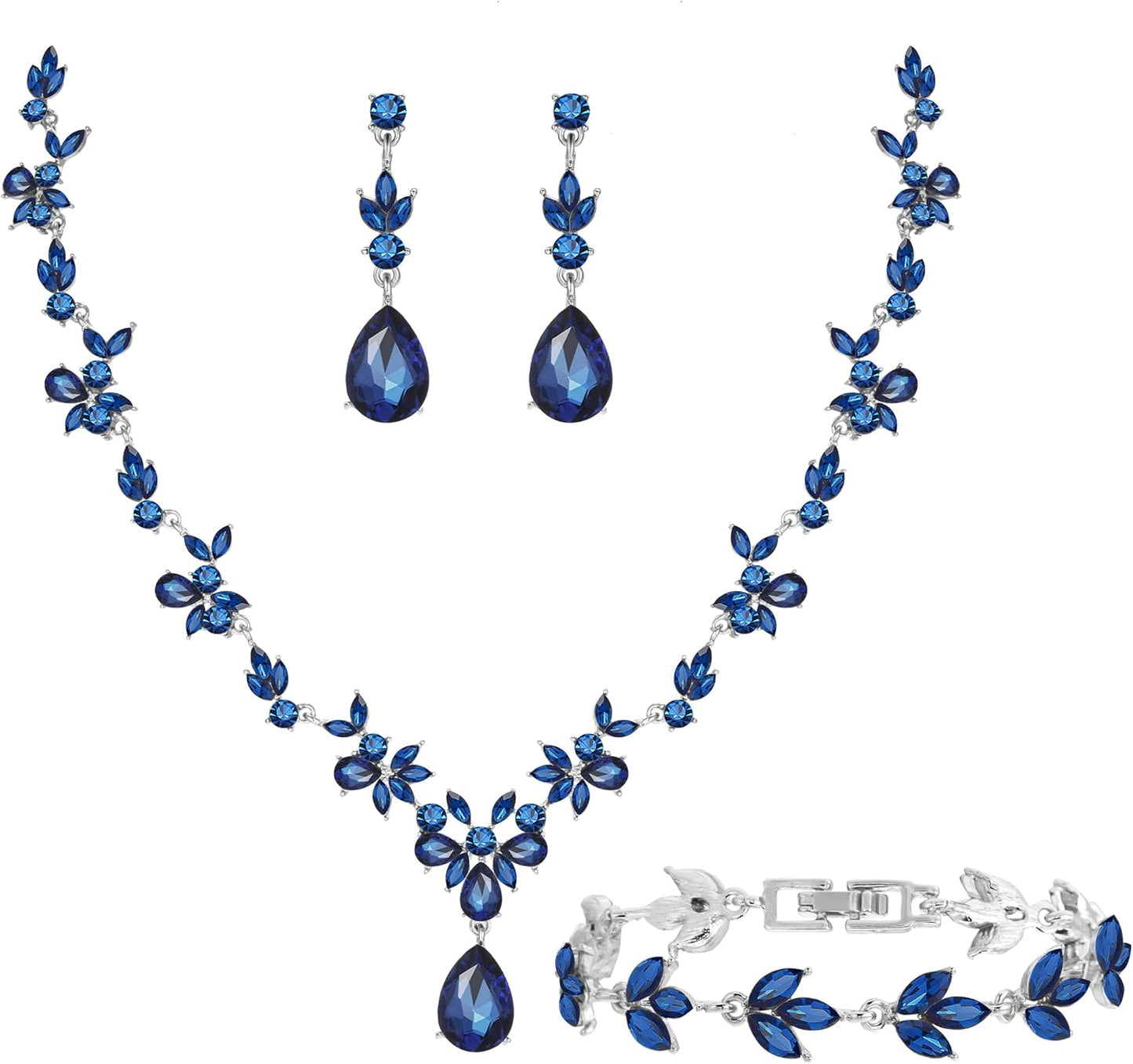 Bridal Wedding Elegant Floral Jewelry Set for Women/Brides/Bridesmaids Crystal Jewelry Set for Wedding Prom Party Bridal Crystal Necklace Earrings Bracelet Set