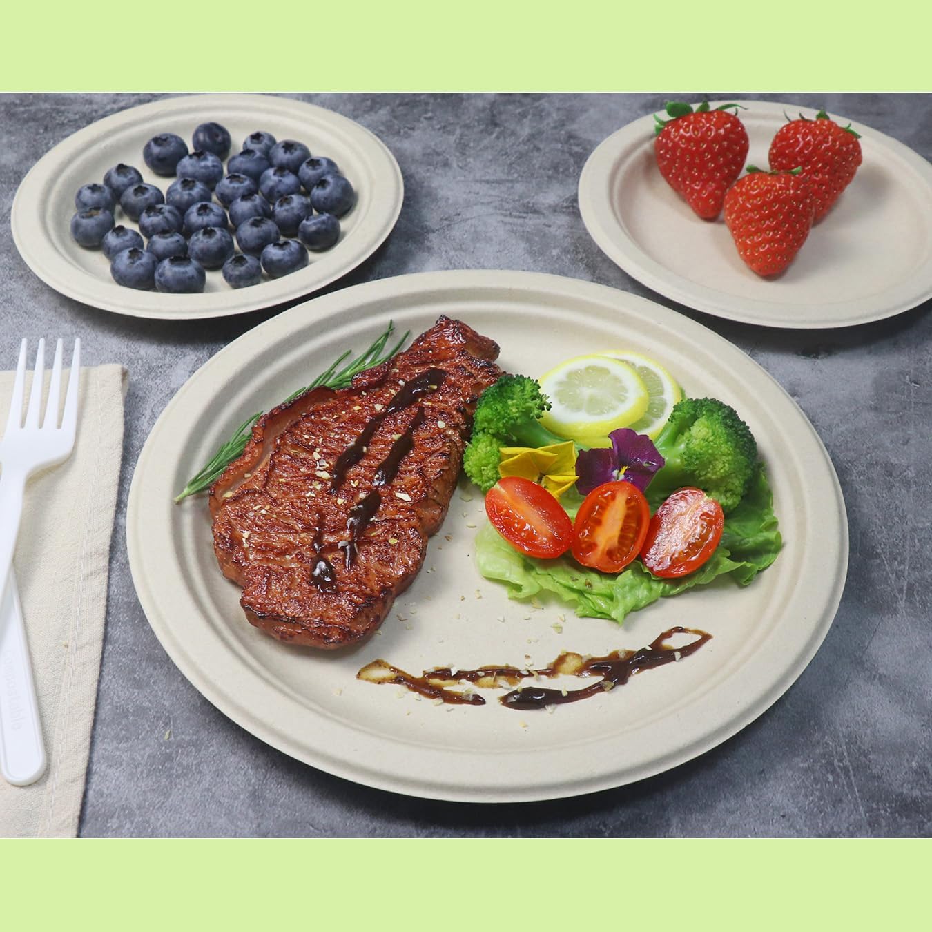 GreenWorks 100 Count 10“ Heavy-duty Compostable Plates, Unbleached Biodegradable Bagasse and Bamboo fiber Paper Plates