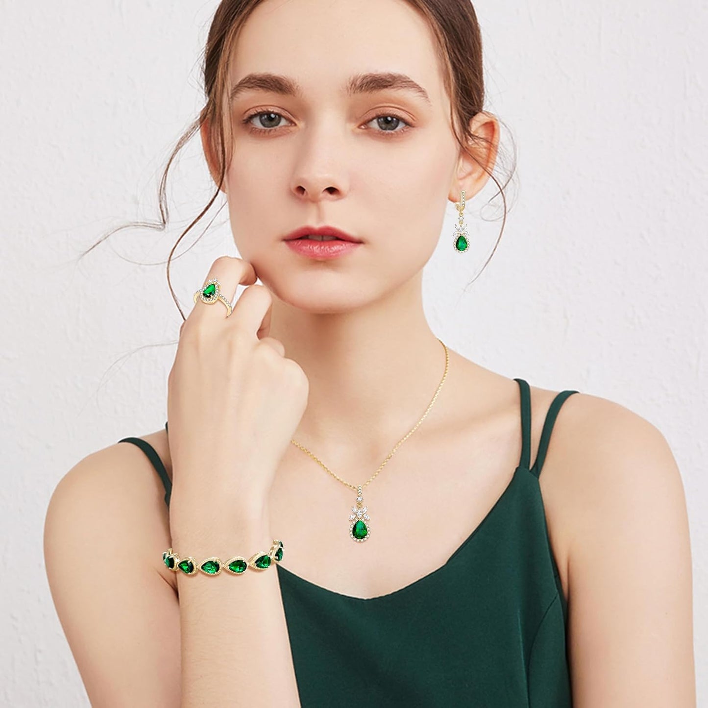 EleQueen Water Drop Pendant Necklace Long Dangle Earrings Tennis Bracelet Set, Sparkle Cubic Zirconia Teardrop Wedding Jewelry Sets for Bride Bridesmaid