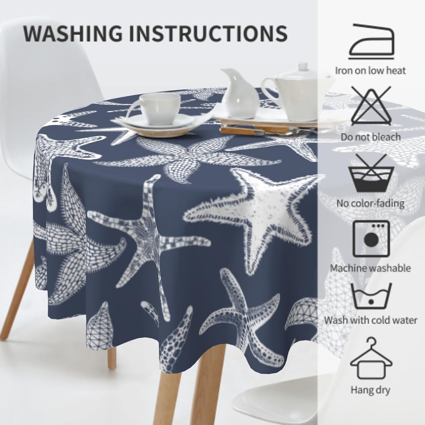 Giwawa 60Inch Navy Blue Starfish Round Tablecloth, Summer Nautical Coastal Decorative Circle Table Cover, Dustproof Washable Table Cloth Polyester for Kitchen Dining Party Picnic Season