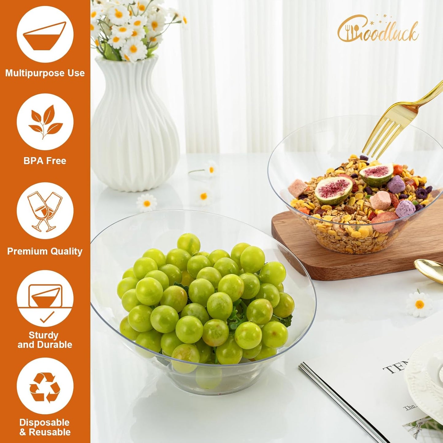 Goodluck 5 Pack Clear Plastic Serving Bowls for Party - 20 OZ Angled Disposable Serving Bowls for Wedding Party Chip, Candy, Salad & Fruit