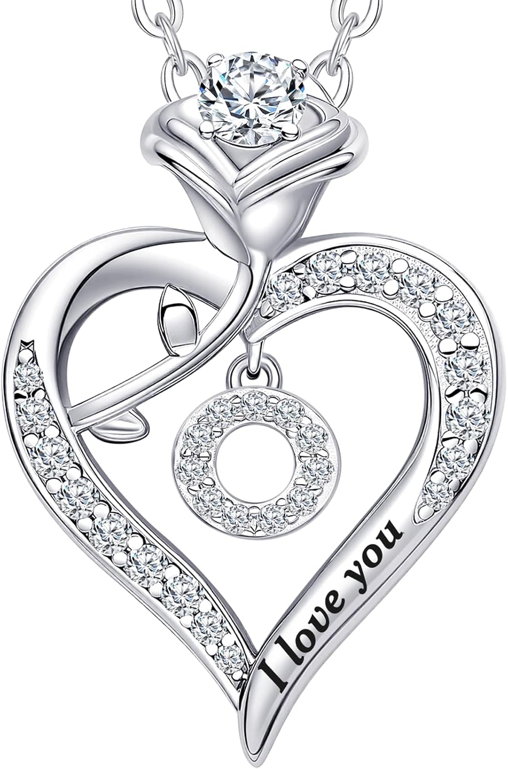 Rose Heart Pendant Necklace Gifts for Wife, Engraved 'I love you' Gift for Wife Girlfriend, Anniversary Birthday Eternity Jewelry Present for Women, Moissanite Necklace Gift for Her