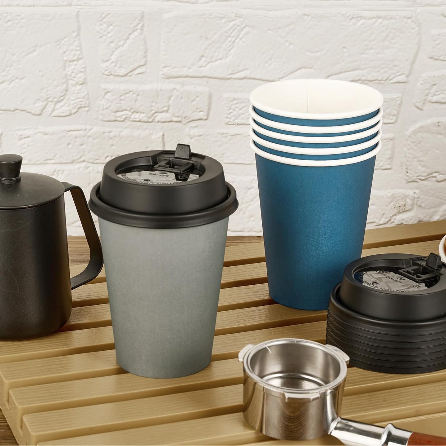 LITOPAK 100 Pack 12 oz Disposable Paper Coffee Cups with Lids for Coffee, Water, Juice, or Tea, Blue and Gray Hot Paper Cups for Home, Restaurant, Store, and Cafe