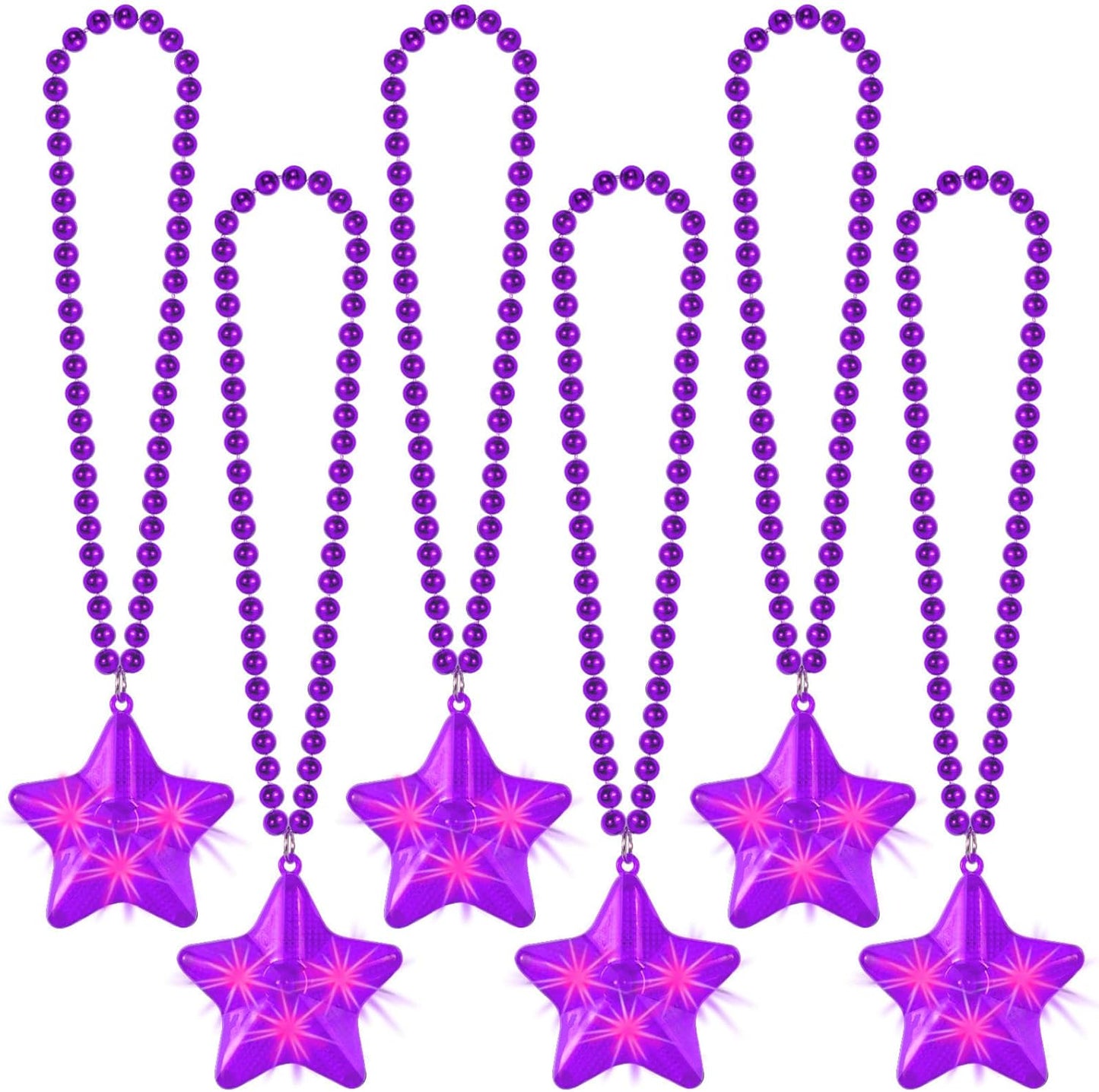 6 Pack Purple LED Glow Star Necklace Bulk Beaded Necklaces for Halloween Christmas Decorations Mardi Gras Party Favors