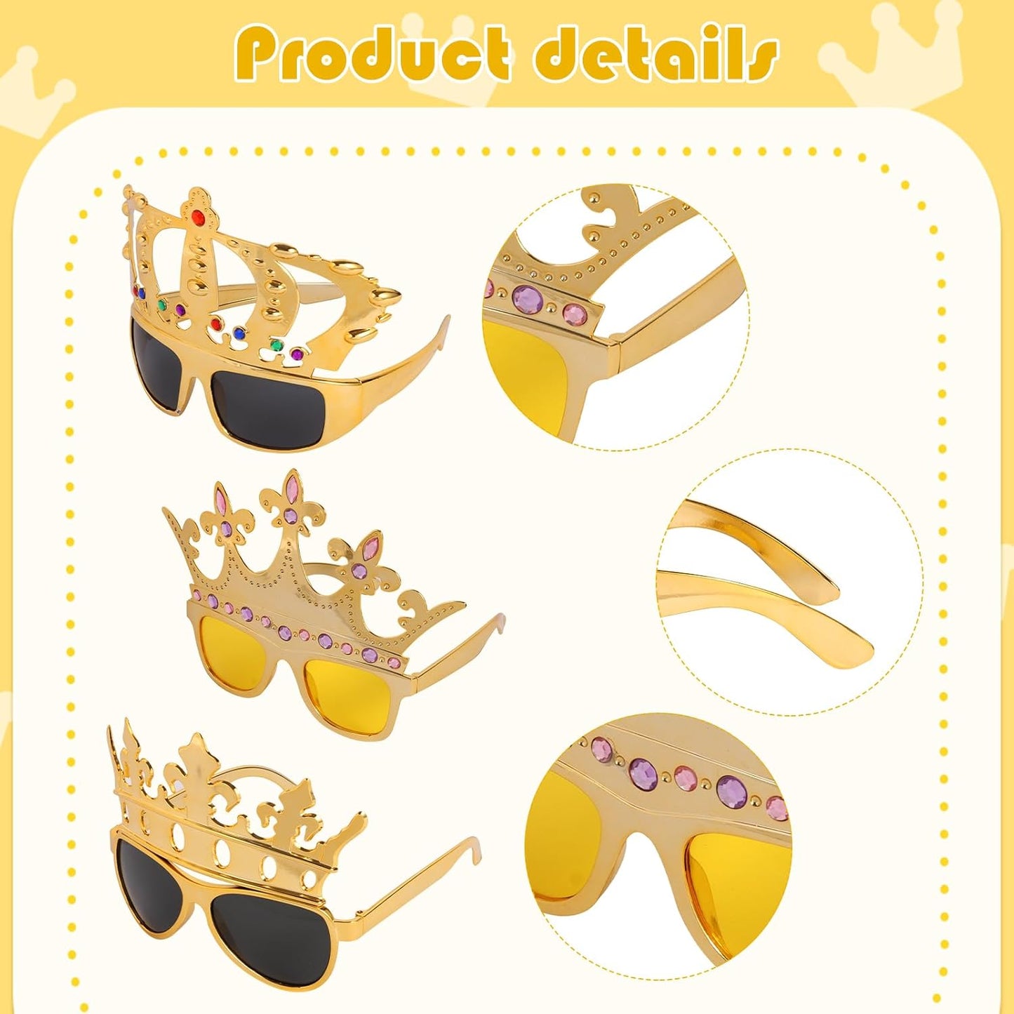 12pcs Party Gift Crown Glasses Adjustable King Crown Hat Crown Sunglasses Crown funny glasses for Party Photo Props Kids Party King Queen Prince Princess Costume Accessories Dress-Up Supplies