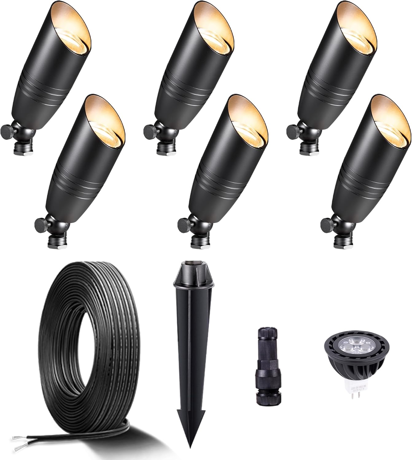Gardenreet Black Brass Low Voltage Landscape Spotlights(6-Pack) Kit 12V LED with 100 Feet Wire and 30Pack Connectors for Outdoor Yard Garden Patio Without Transformer