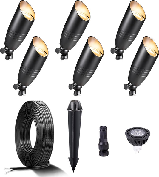 Gardenreet Black Brass Low Voltage Landscape Spotlights(6-Pack) Kit 12V LED with 100 Feet Wire and 30Pack Connectors for Outdoor Yard Garden Patio Without Transformer