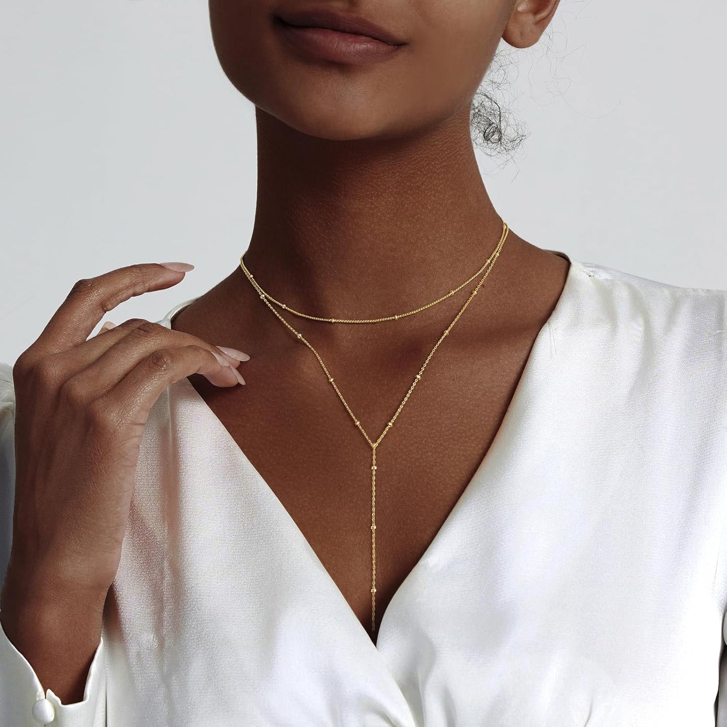 Luxval Lariat Gold Necklace for Women, Dainty Long Necklace 14k Gold Plated/Silver Y-Shaped Pendant Necklaces Trendy Beaded Chain Drop Necklaces Jewelry for Women Gifts