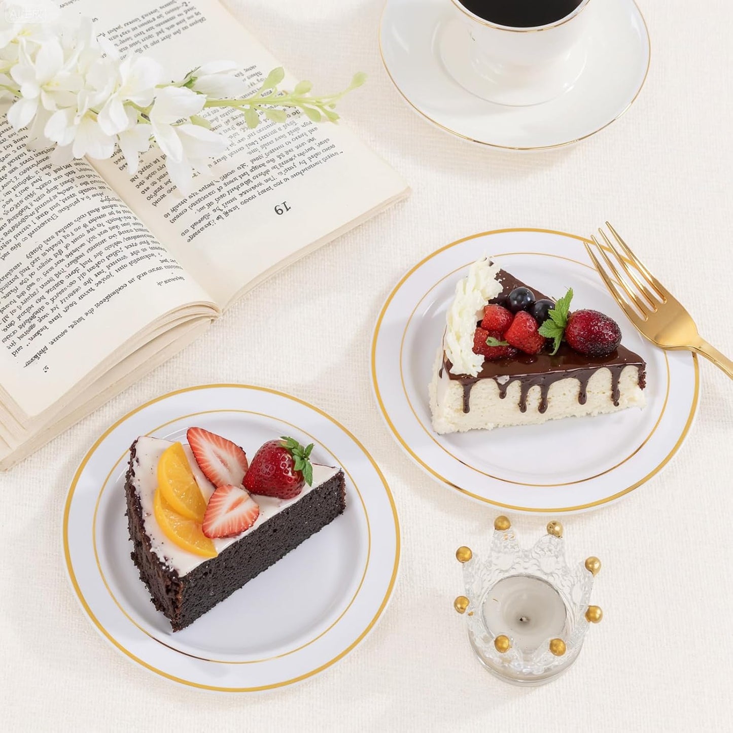 bUCLA 200PCS Gold Plastic Plates - 6.25inch White with Gold Trim Disposable Salad/Dessert/Appetizer/Small Cake Plates, Ideal for Wedding & Party