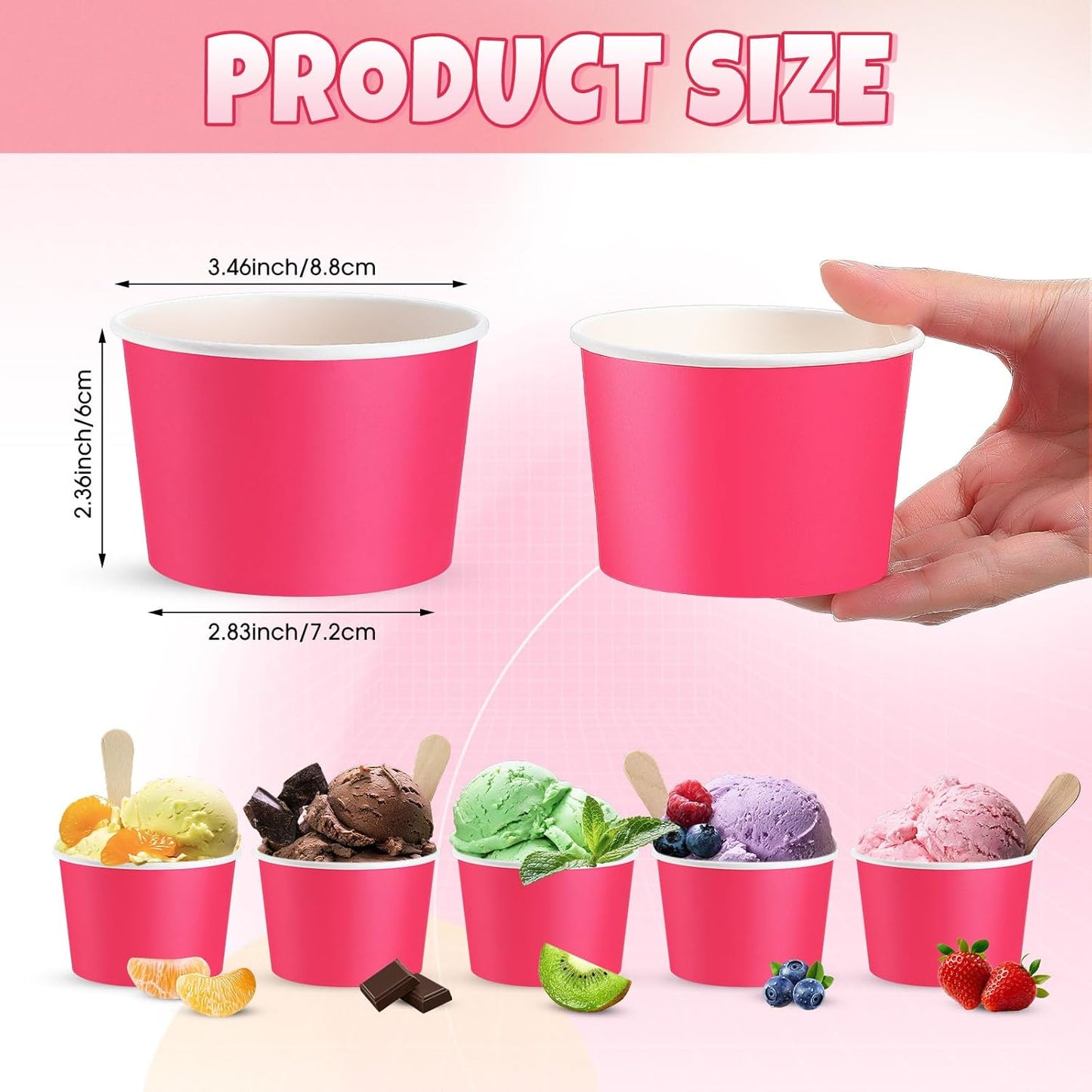 Paper Ice Cream Cups 9oz Colored Disposable Dessert Bowls for Hot or Cold Food Party Cups for Birthday Baby Shower Easter Party Supplies(Hot Pink,60 Pcs)