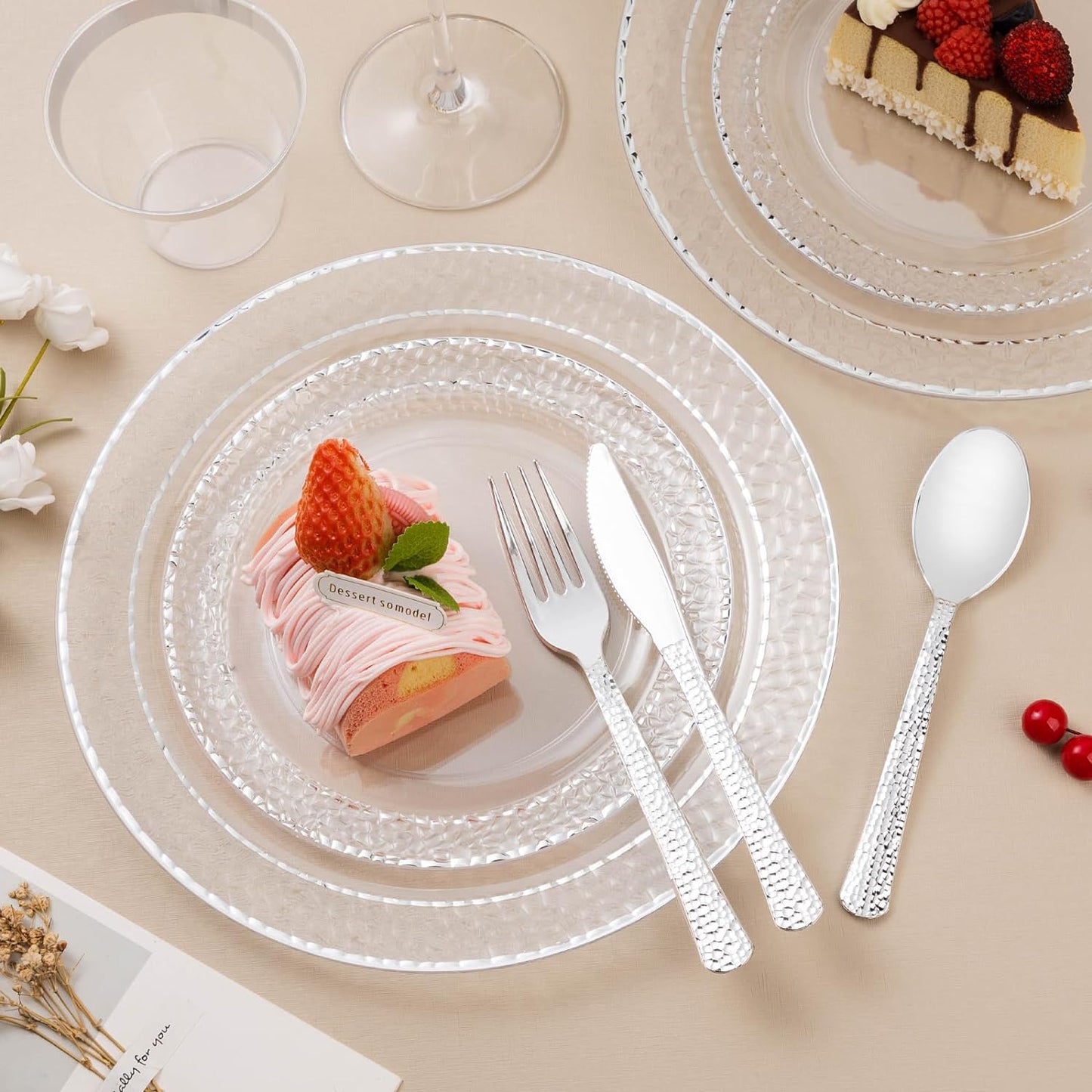 350PCS Clear Plastic Plates with Silver Trim for 50 Guests, Disposable Dinnerware Set for Party & Wedding, Includes 100 Plastic Plates, 50 Pre Rolled Napkins with Silver Silverware, 50 Cups