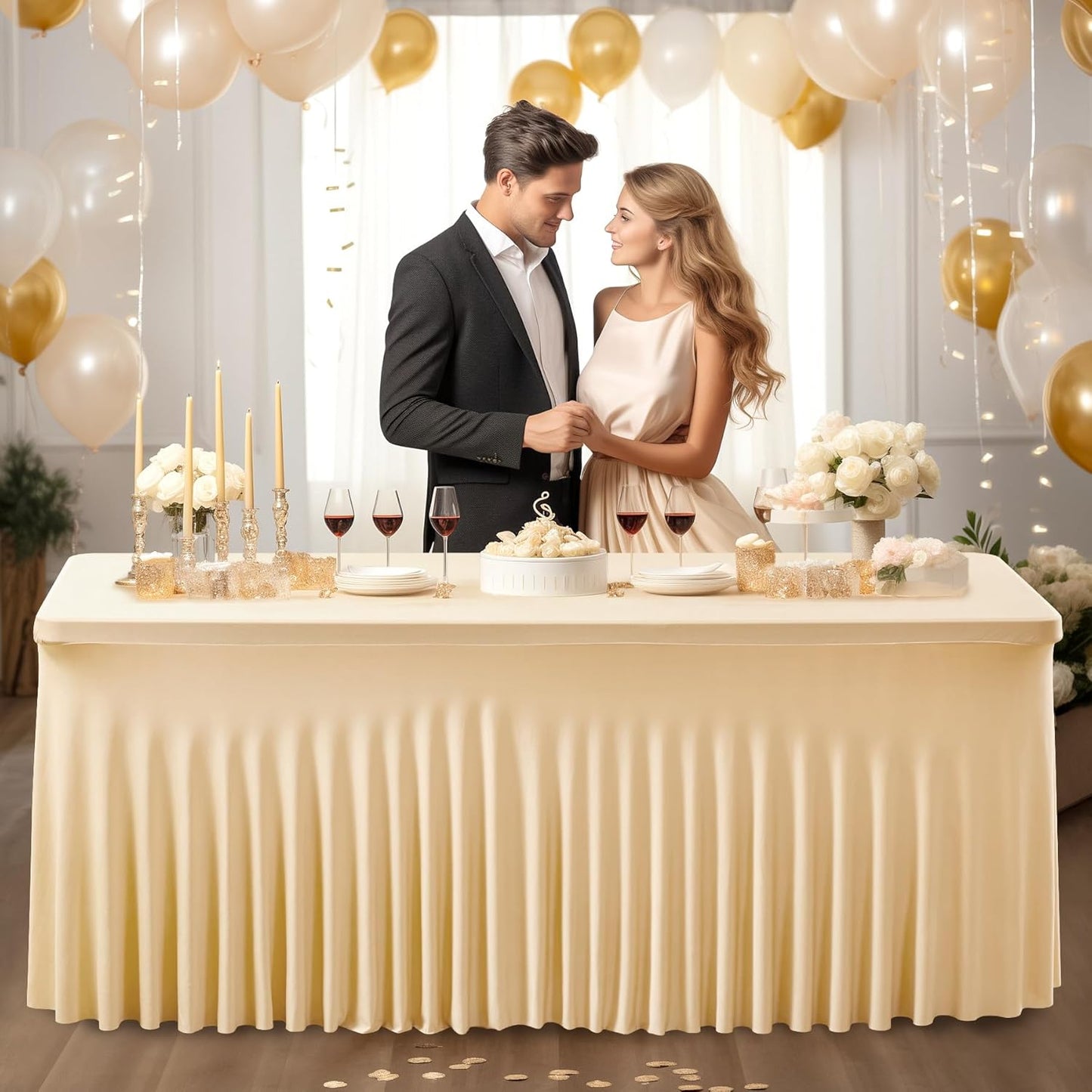 PARTISKY Champagne Spandex Tablecloth for 6ft Rectangle Tables, Stretchable Table Cover Skirt for Folding Tables Weddings Parties Banquets Events Trade Shows and Dessert Table