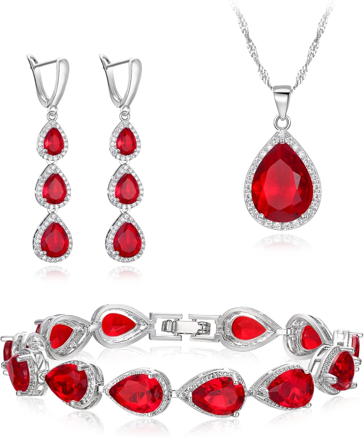 EleQueen Water Drop Pendant Necklace Long Dangle Earrings Tennis Bracelet Set, Sparkle Cubic Zirconia Teardrop Wedding Jewelry Sets for Bride Bridesmaid