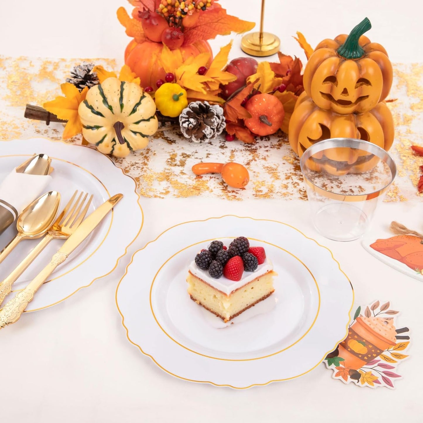 Liacere 350PCS Gold Plastic Plates-Disposable White and Gold Plates 50guest Baroque Plastic Dinnerware include 100Plates, 50Pack Pre Rolled Napkins with Silverware 50Cups for Wedding&Thanksgiving