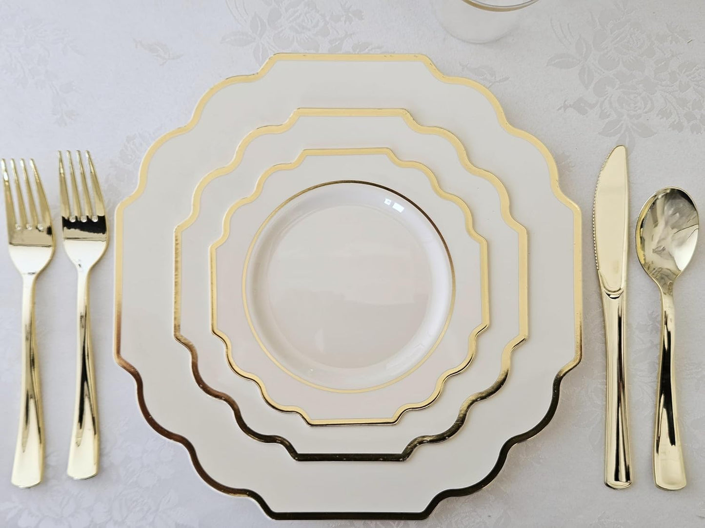 " OCCASIONS " 240 Plates Pack (120 Guests) Heavyweight Wedding Party Disposable Plastic Plates Set -120 x 10.5'' Dinner + 120 x 8'' Salad/Dessert Plate (Imperial Ivory & Gold)