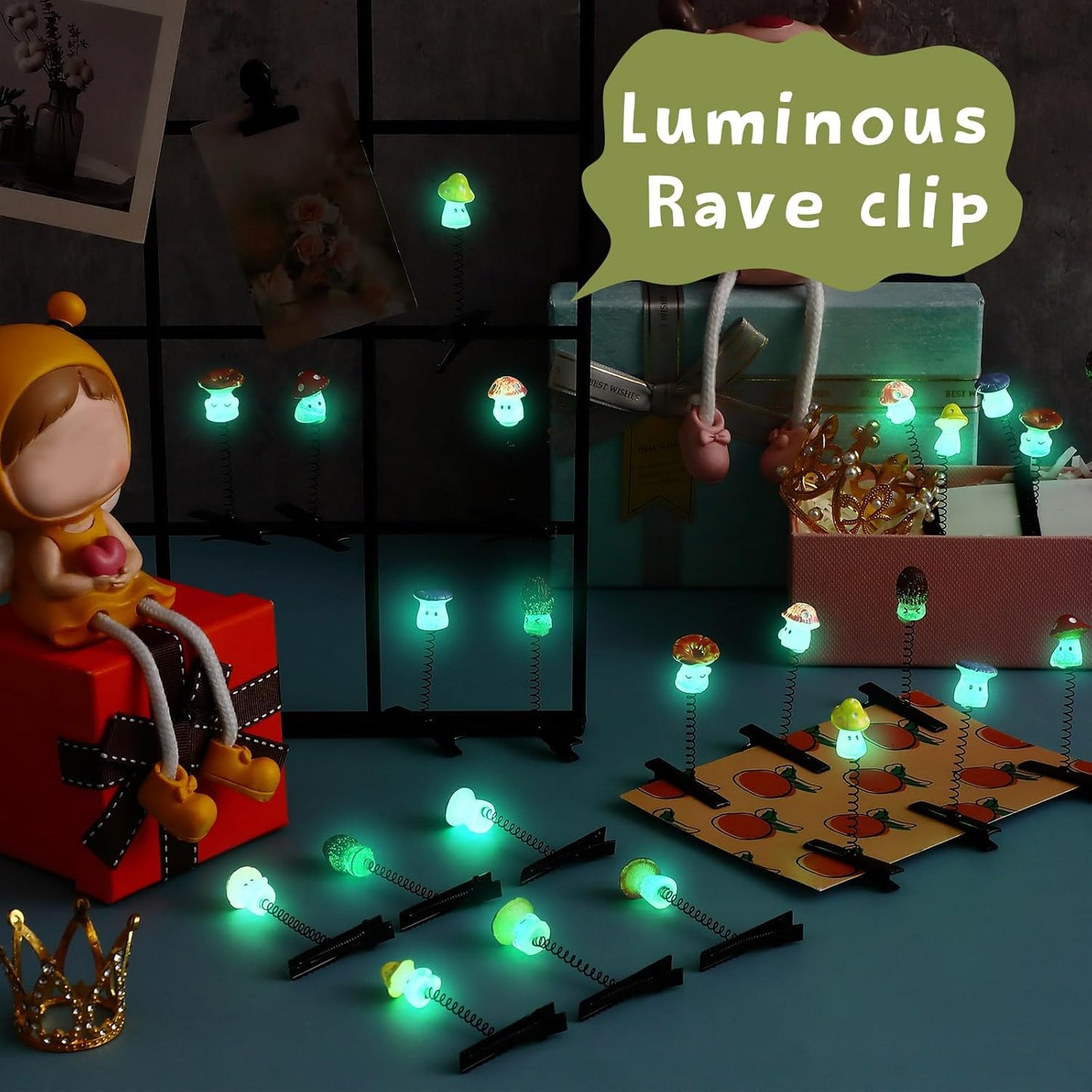 30 Pcs Mini Glow Hair Clips Girls Rave Hair Clips for Women Christmas Music Festival Holiday Party Supplies (Funny Mushroom)