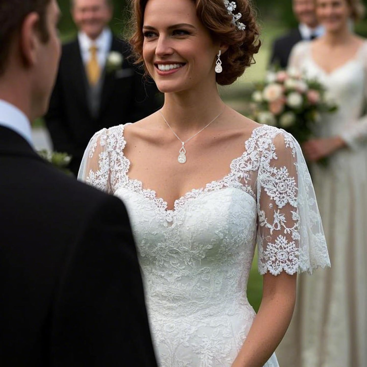 BriLove Wedding Jewelry Set for Women Bride Bridesmaid, Gorgeous Cubic Zirconia Teardrop Necklace Earrings Bracelet Adjustable Ring Jewelry Gift for Birthday/Anniversary/Mother’s Day