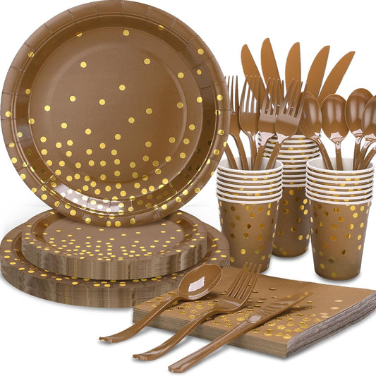 Brown and Gold Party Decorations, Brown Plates and Napkins Party Supplies 175Pcs Terracotta Paper Plates for Mexicanos Birthday Holiday, Serves 25