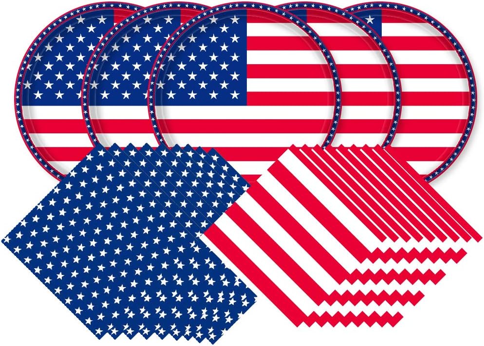 Gatherfun American Flag Patriotic Party Supplies Disposable Napkins and Paper Plates for Veterans Day Election Day 4th of July Independence Day Decorations, Serve 50