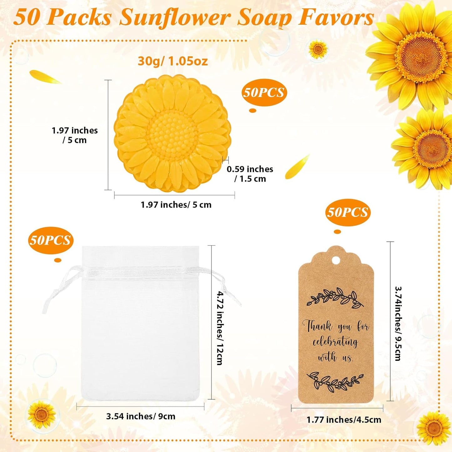 Demissle 50 Set Sunflower Soap Favors Fall Wedding Favors with Thank You Tag Gift Pouches Fall Party Supply for Adults Guests Return Gift Autumn Bridal Shower Baby Shower Decorations