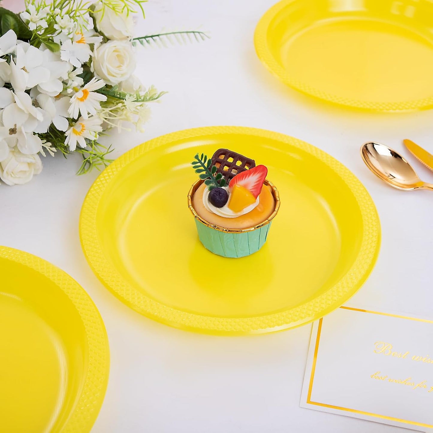 WELLIFE Yellow Party Plates 7 Inch -150 Count, Plastic Disposable Dessert Plates for Party Easter Mother's Day Cake Appetizers Salad Picnic BBQ