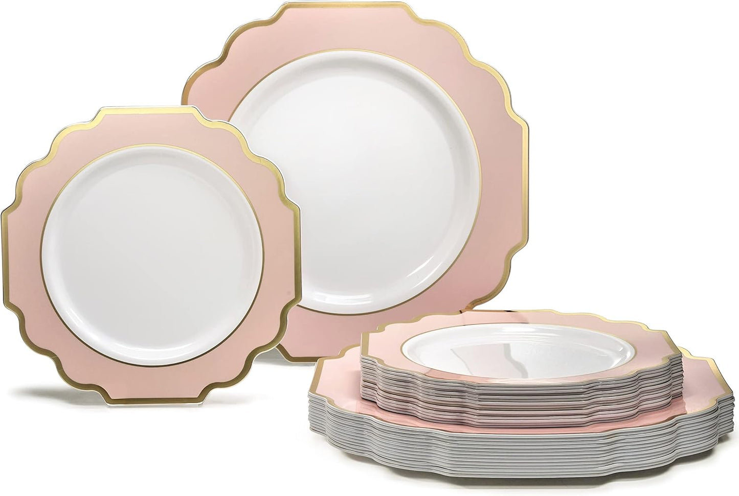 " OCCASIONS " 50 Plates Pack (25 Guests)-Heavyweight Wedding Party Disposable Plastic Plate Set -(25x10.5'' Dinner + 25x8'' Salad/Dessert) (Imperial in Blush Pink & Gold)