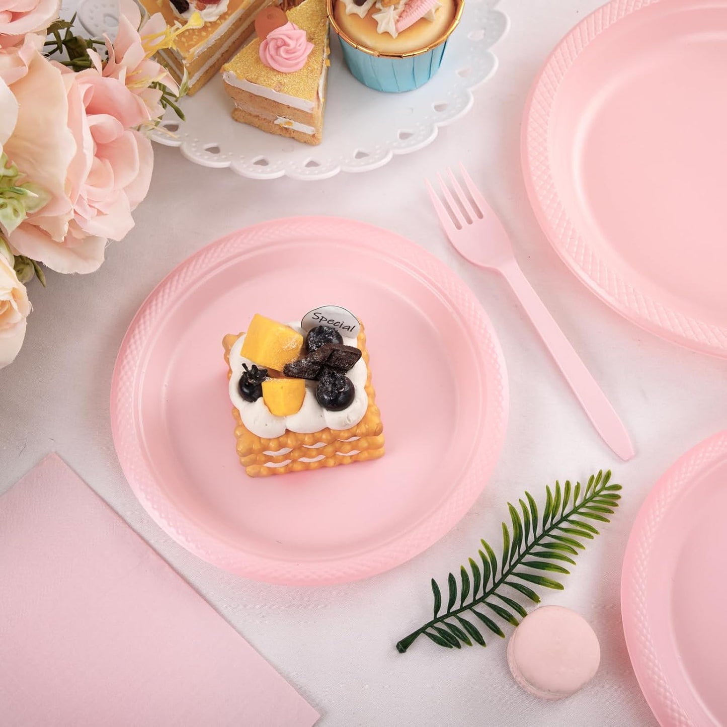 MirthMood 350pcs Pink Party Supplies Set, Disposable Plates Including Pink Plastic Plates, 12OZ Cups, Plastic Cutlery and Paper Napkins Serve 50 Guests for Wedding & Birthday & Party