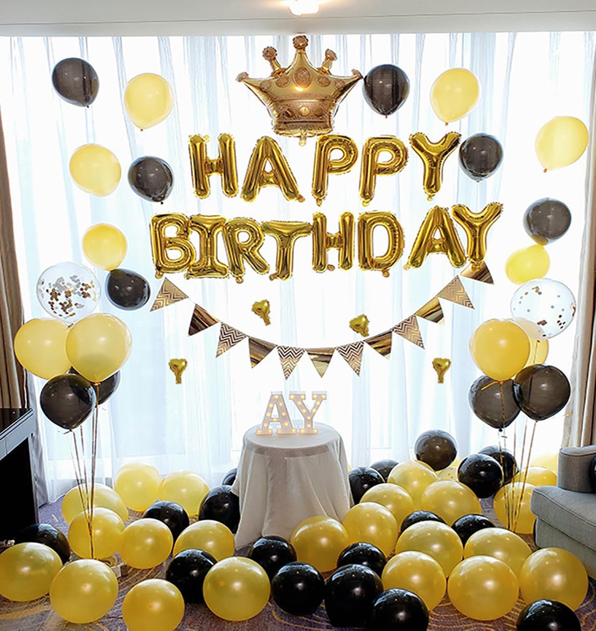 KALOR Gold Black Happy Birthday Balloons Kit with16 Inch Mylar Foil Letters Balloon and Star Balloons for Women, Men, Boys & Girls Kids Birthday Decorations Photo Backdrop