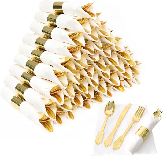50 Pack Pre Rolled Gold Plastic Silverware Set,Fancy Wrapped Plastic Cutlery Set with Napkin Include 50 Forks,50 Spoons,50 Knives and 50 White Napkins for Party, Wedding