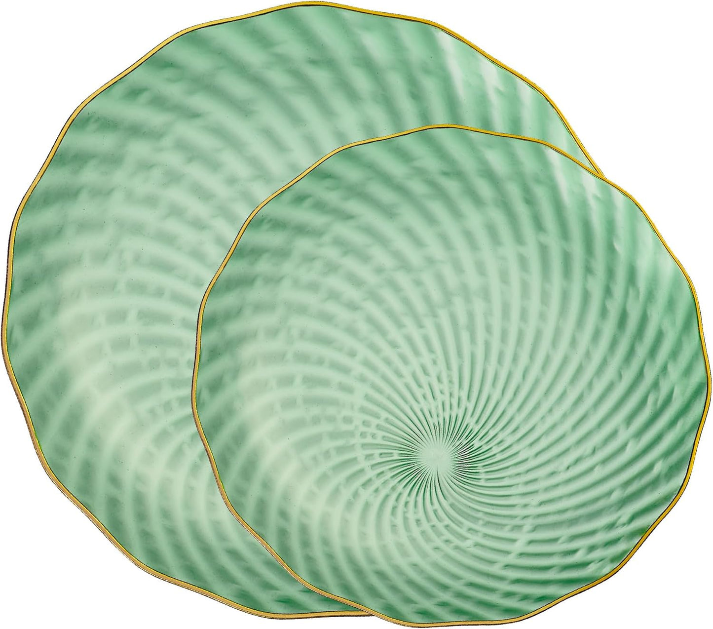 PLASTICPRO 30 Pack Plastic Plates Set of 15-10 inch Plates and 15-7 inch Plates, Elegant Clear Green Spiral and Gold Rim Disposable Fancy Plates Premium Heavyweight
