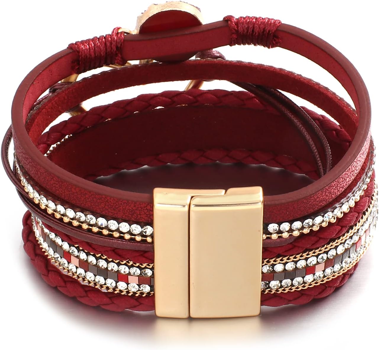 Leather Wrap Bracelet for Women Beaded Cuff Bracelet with Heart-shape Decor Bohemian Crystal Bracelet Jewelry with Clasp Bangle Bracelet for Women Girls Birthday Holiday Gift