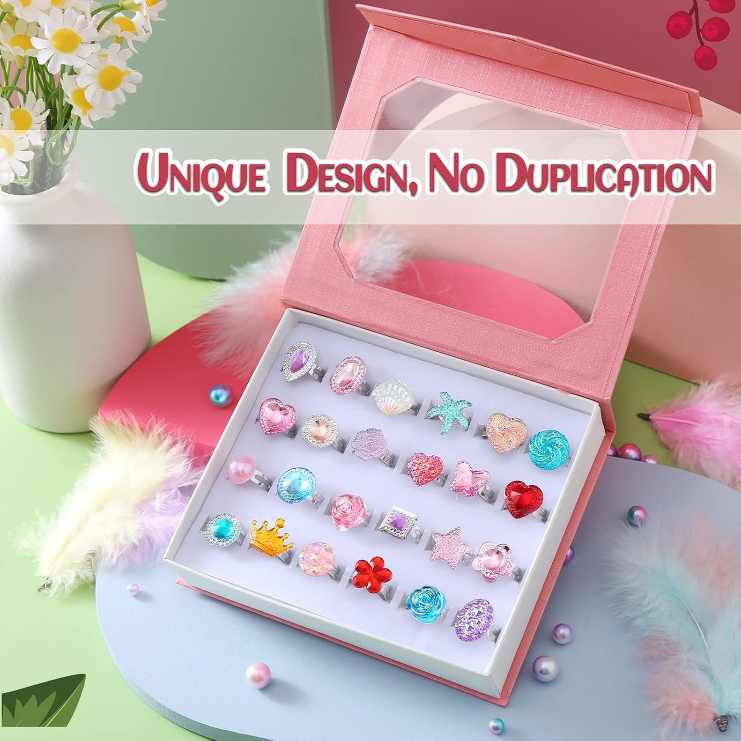 24pcs Little Girl Jewel Rings, Adjustable, No Duplication Kids Play Ring in Box,Pretend Play and Dress Up Rings for 4-12 Year Old Girl Birthday Christmas Gifts,3 4 5 6 7 8 9 10 11 12 Year Old