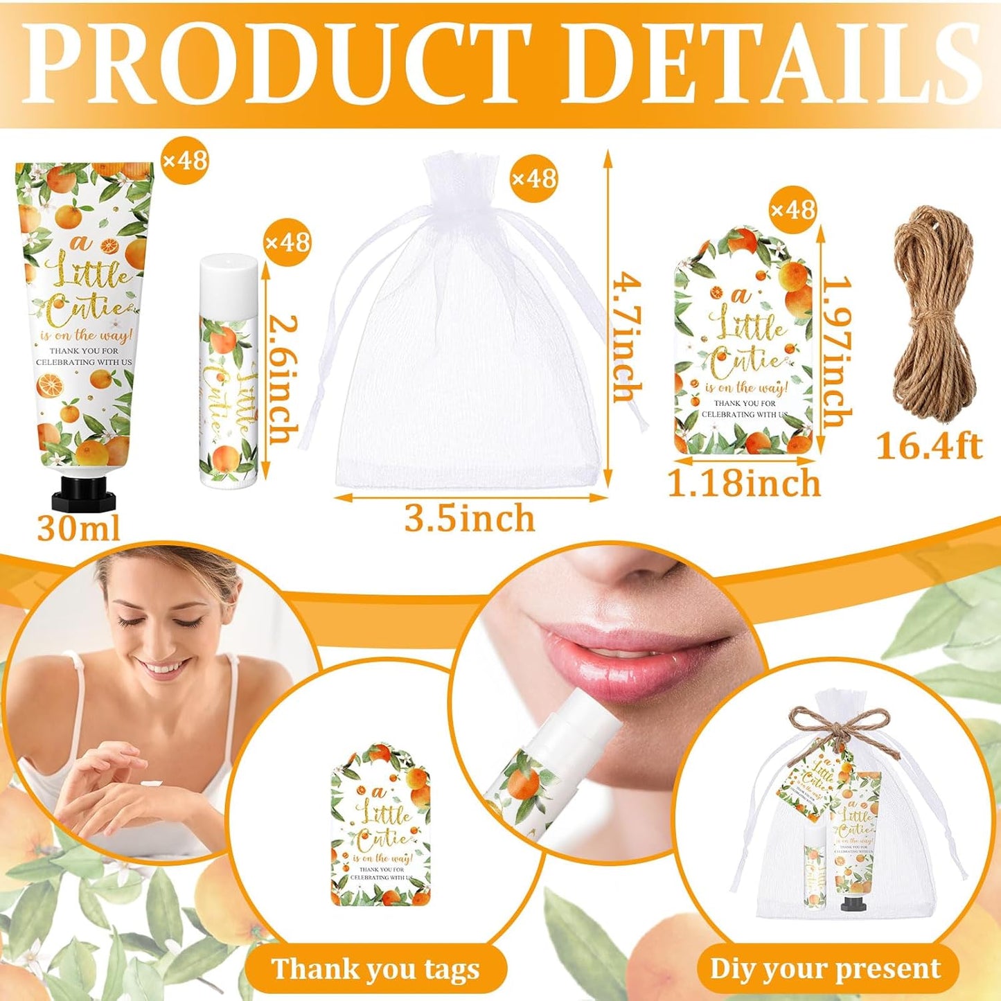 48 Sets 192 Pcs Little Cutie Baby Shower Gifts for Guests Orange Cutie Baby Shower Games Prizes Favors Bulk Include 48 Hand Cream and 48 Lip Balm Guests Gender Reveal Souvenirs Gifts