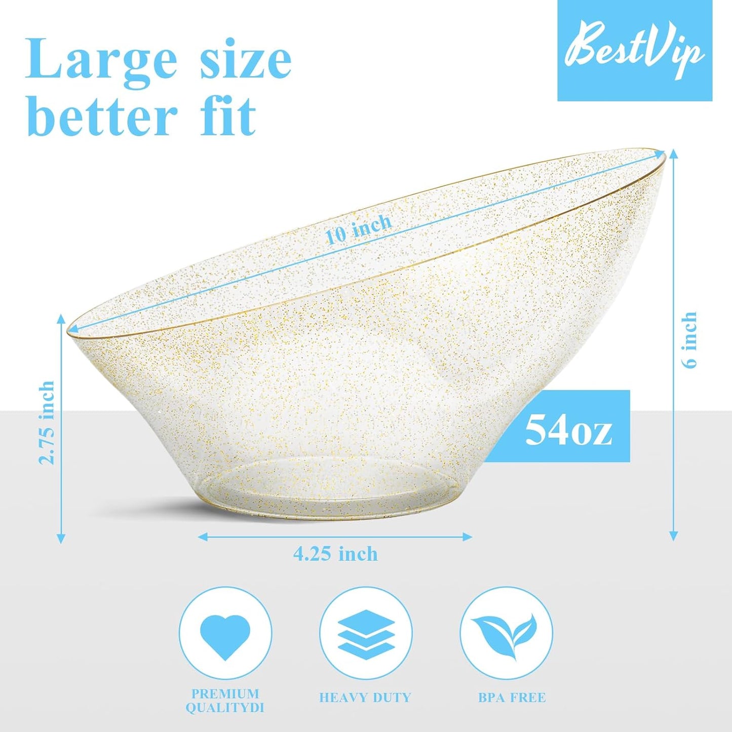BESTVIP 54oz Clear with Gold Glitter Serving Bowls for Party - 12 Pack Angled Disposable Serving Bowls for Chips, Snacks, Fruit, Salad - Decorative Catering Bowls for Daily Use,Halloween, Christmas