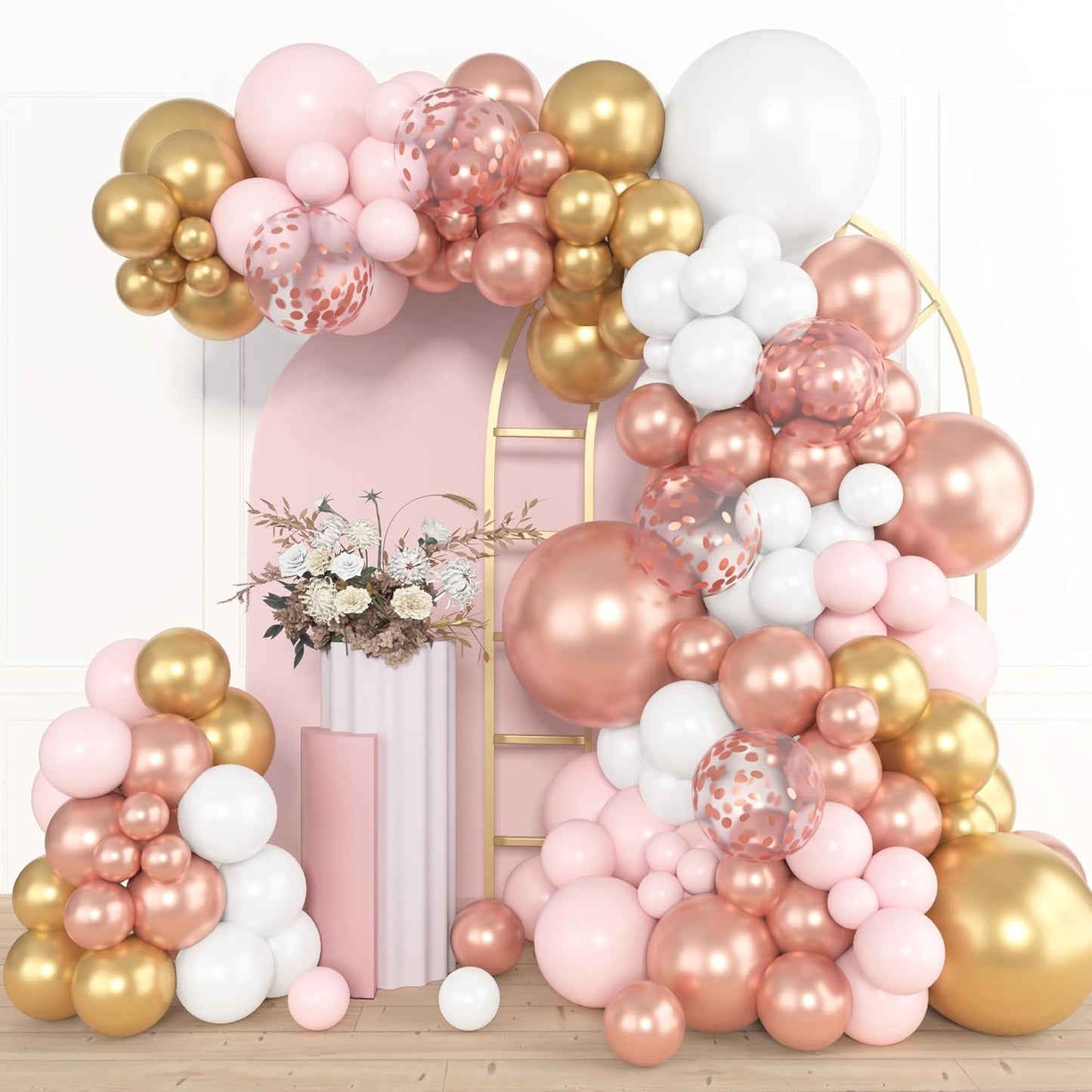 Amandir 153pcs Rose Gold Balloon Garland Arch Kit, Different Sizes 18 12 10 5 inch Pink White Gold Latex Metallic Confetti Balloons for Girls Graduation Birthday Bridal Baby Shower Party Decorations
