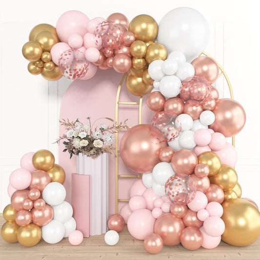 Amandir 153pcs Rose Gold Balloon Garland Arch Kit, Different Sizes 18 12 10 5 inch Pink White Gold Latex Metallic Confetti Balloons for Girls Graduation Birthday Bridal Baby Shower Party Decorations