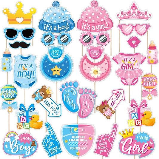 Baby Photo Booth Props, Tumwisk 30PCS Gender Reveal Decorations,Gender Reveal Photo Booth Props, Guessing Baby Boy or Girl Sign Game Props Gender Reveal Party Favors Supplies