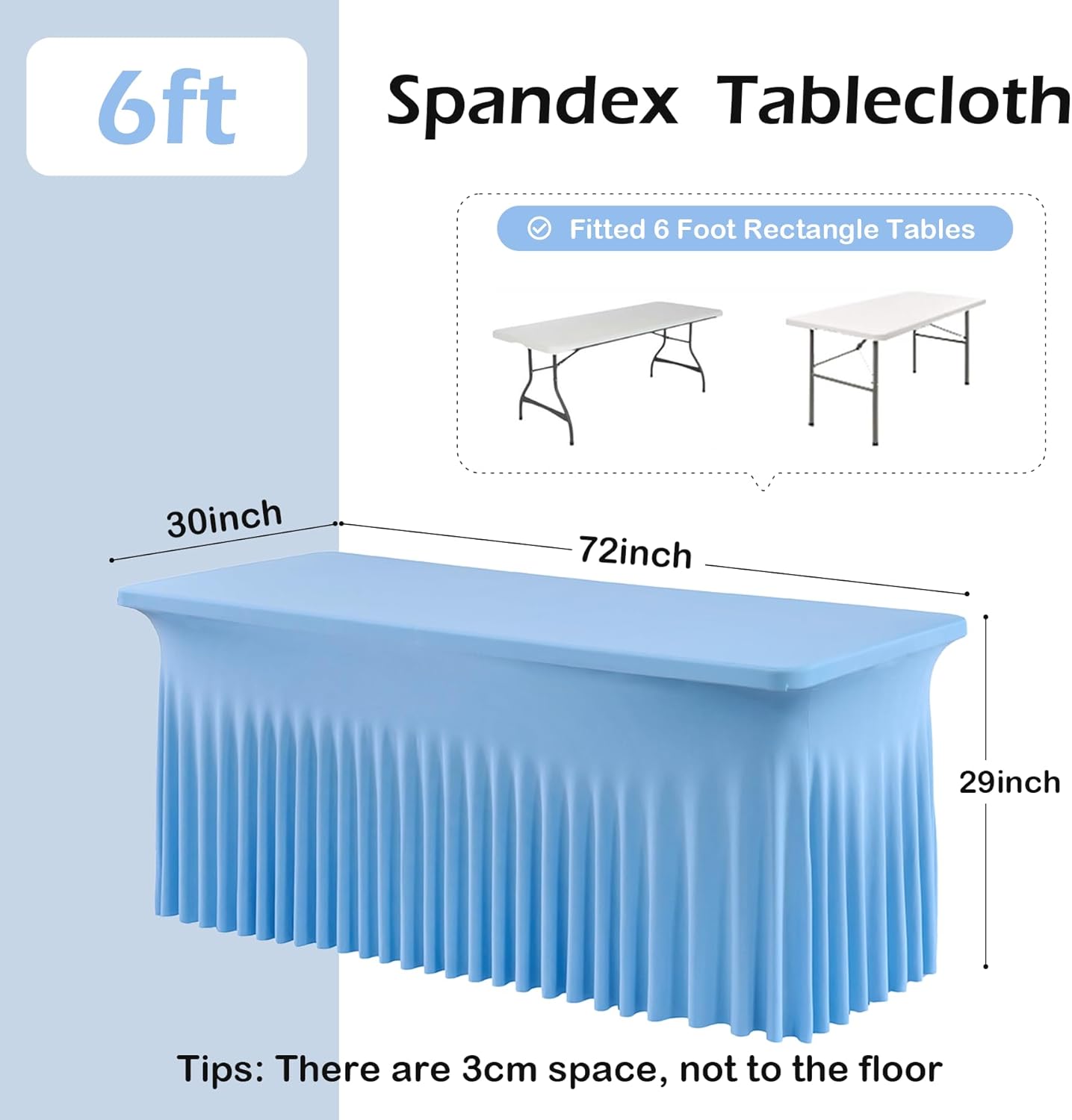 4 pk Baby Blue Spandex Tablecloth 6ft with Ruffle Skirt, Wrinkle Free High Stretch Fitted Tablecloths for 6 Foot Rectangle Tables, Blue Eastic Spandex Table Covers 6ft for Parties Banquet Weddings