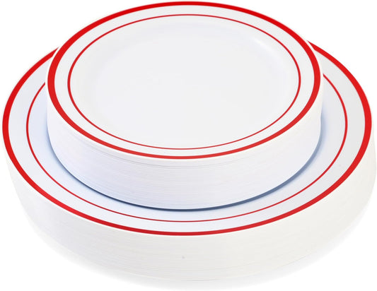 120-Piece Plastic Plates Set Premium 60 Dinner & 60 Salad Plates Pack, Disposable Plates for Party - White Plastic with Red Rim