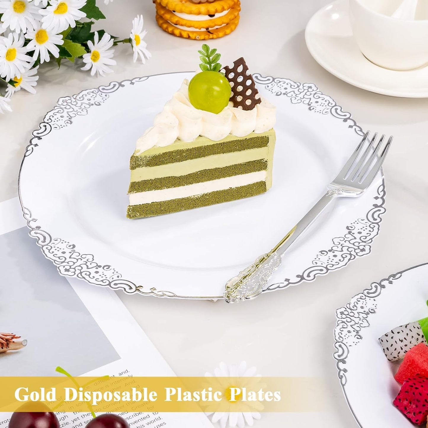 Goodluck 100PCS White and Silver Plastic Plates – 10.25” Heavy Duty Disposable Dinner Plates & Party Plates for Weddings, Parties, Events – Elegant, Sturdy