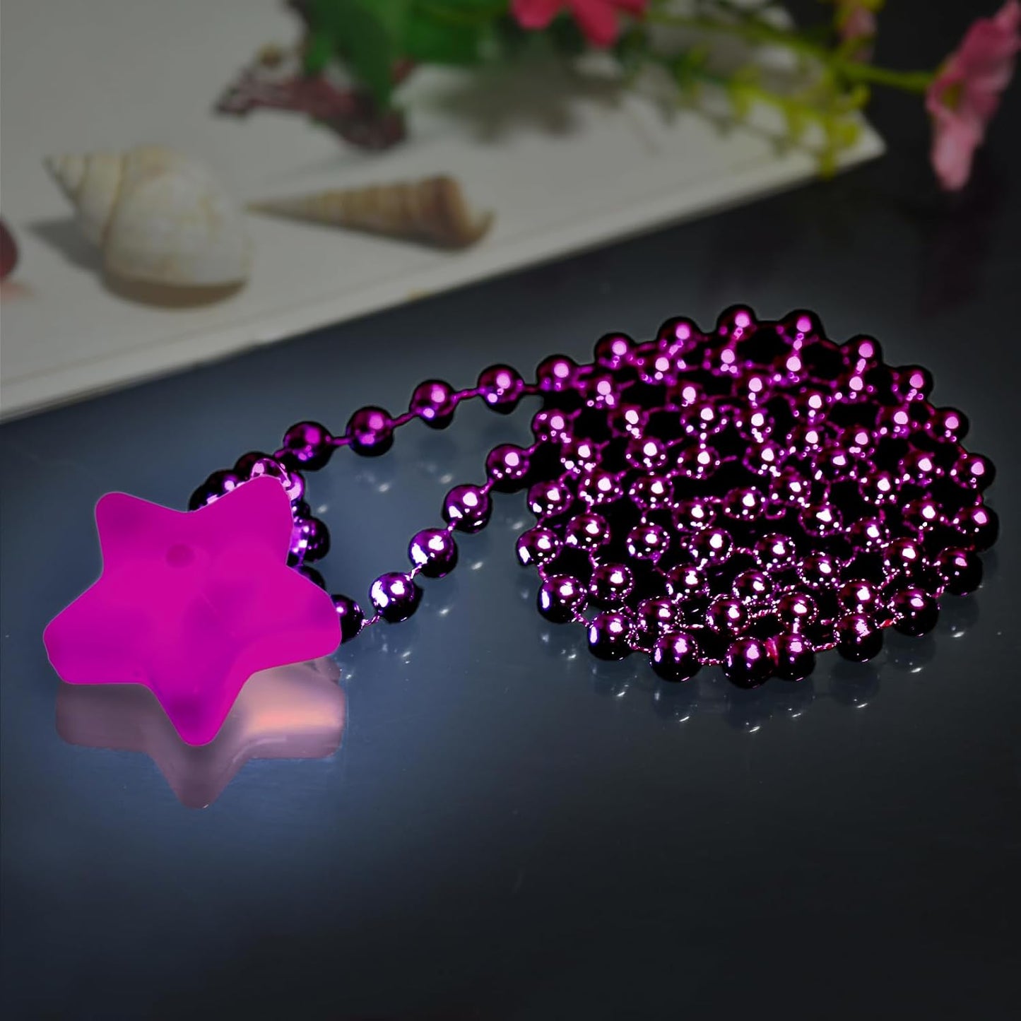 6 Pack Pink LED Glow Star Necklace Bulk Beaded Necklaces for Halloween Christmas Decorations Mardi Gras Party Favors