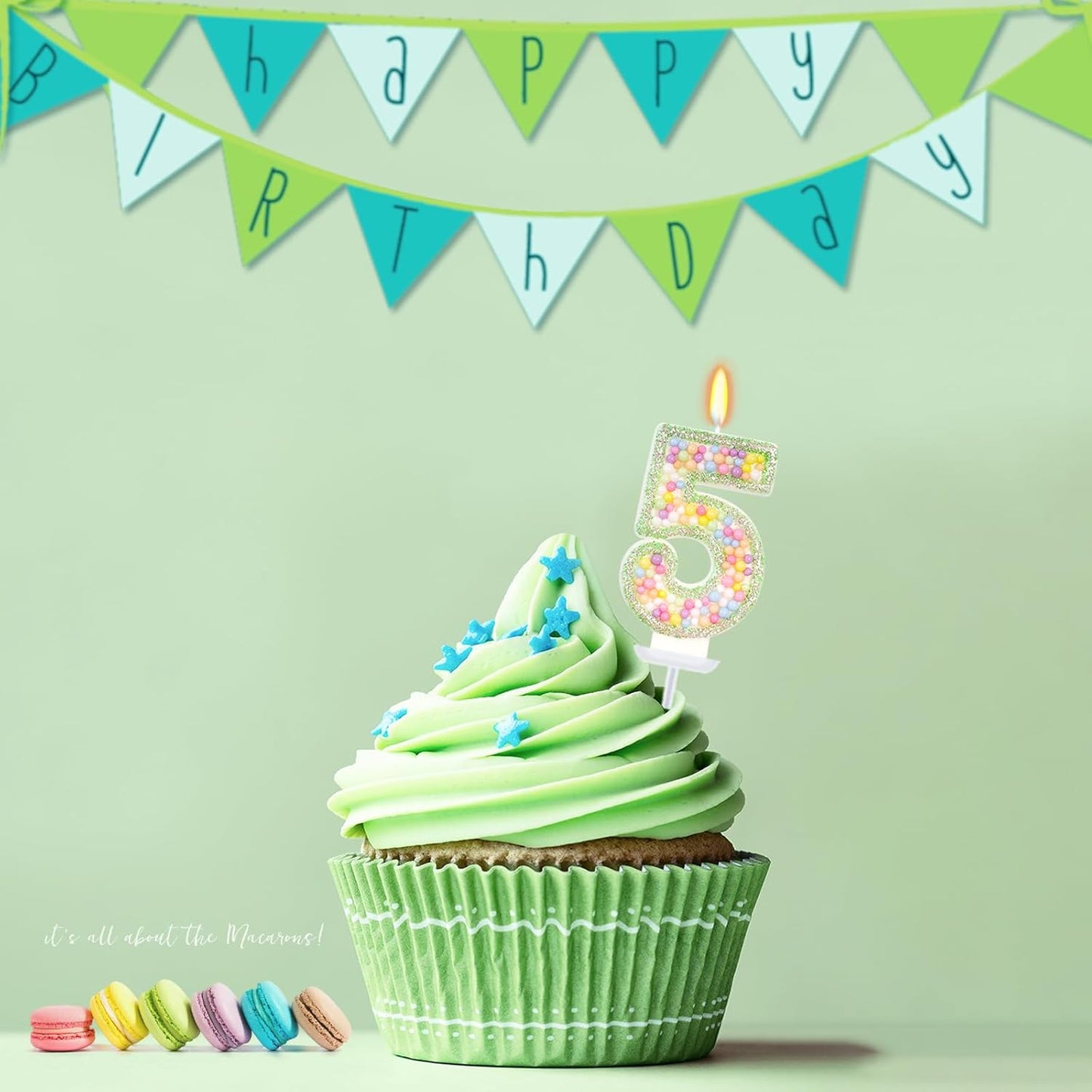 Birthday Candles - Number 5 Candle, Colorful Macaron Candles for Boys/Girls, Green Cake Decorations, Music Game Themed Party Supplies