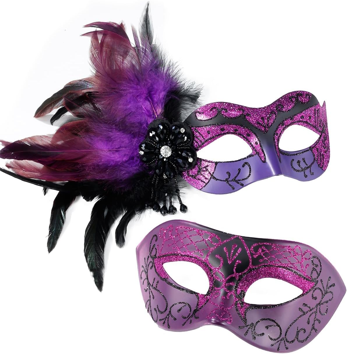 Masquerade Mask for Couple Purple - Feather Masquerade Masks & Venetian Mask for Mascarade Party, Mardi Gras, Halloween Cosplay Prom, Christmas