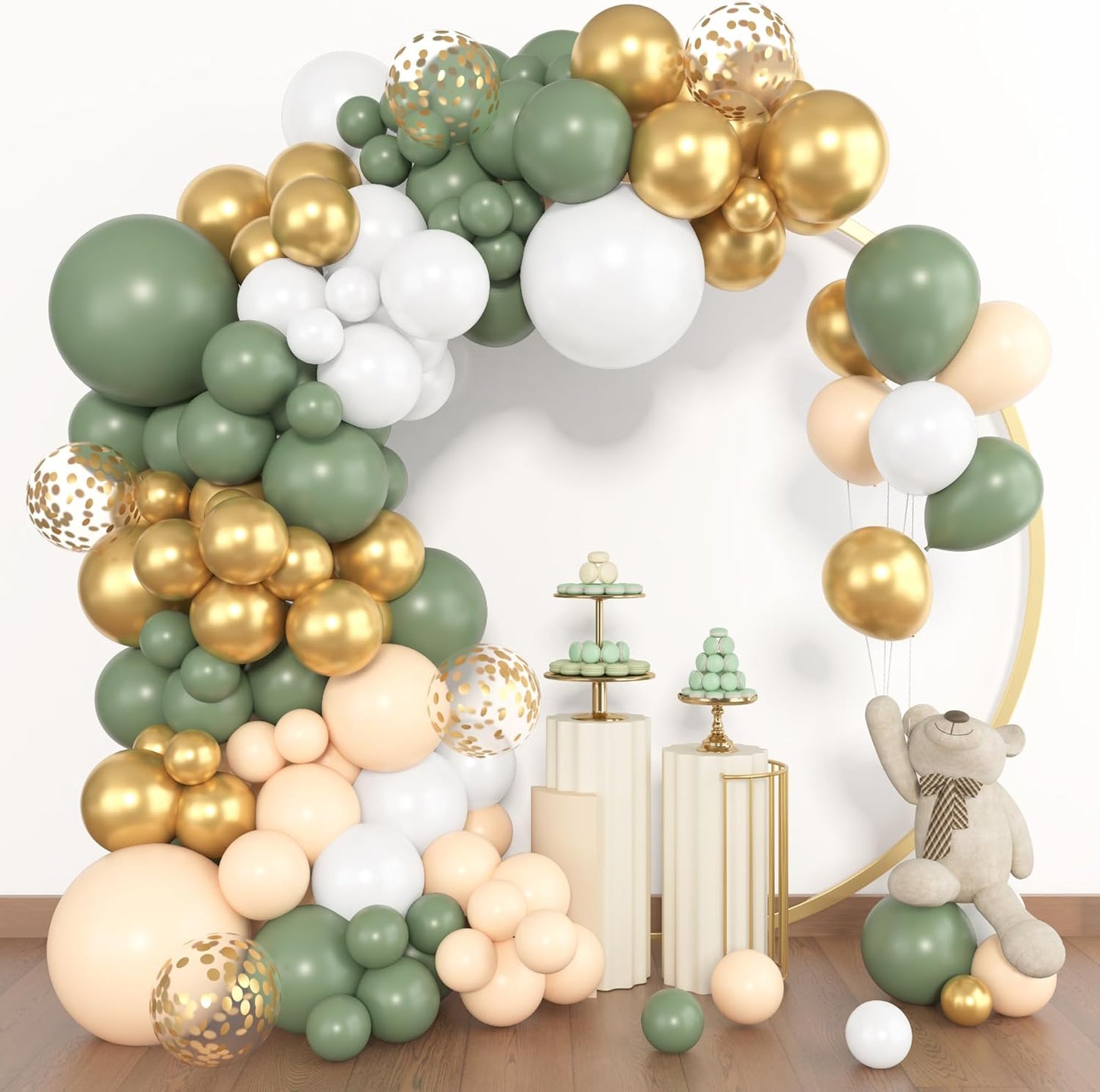 Amandir 153pcs Sage Green Balloon Garland Arch Kit, Different Sizes 18 12 10 5 inch Green Blush Gold Latex Metallic Confetti Gold Balloons for Birthday Baby Shower Wedding Safari Forest Decorations