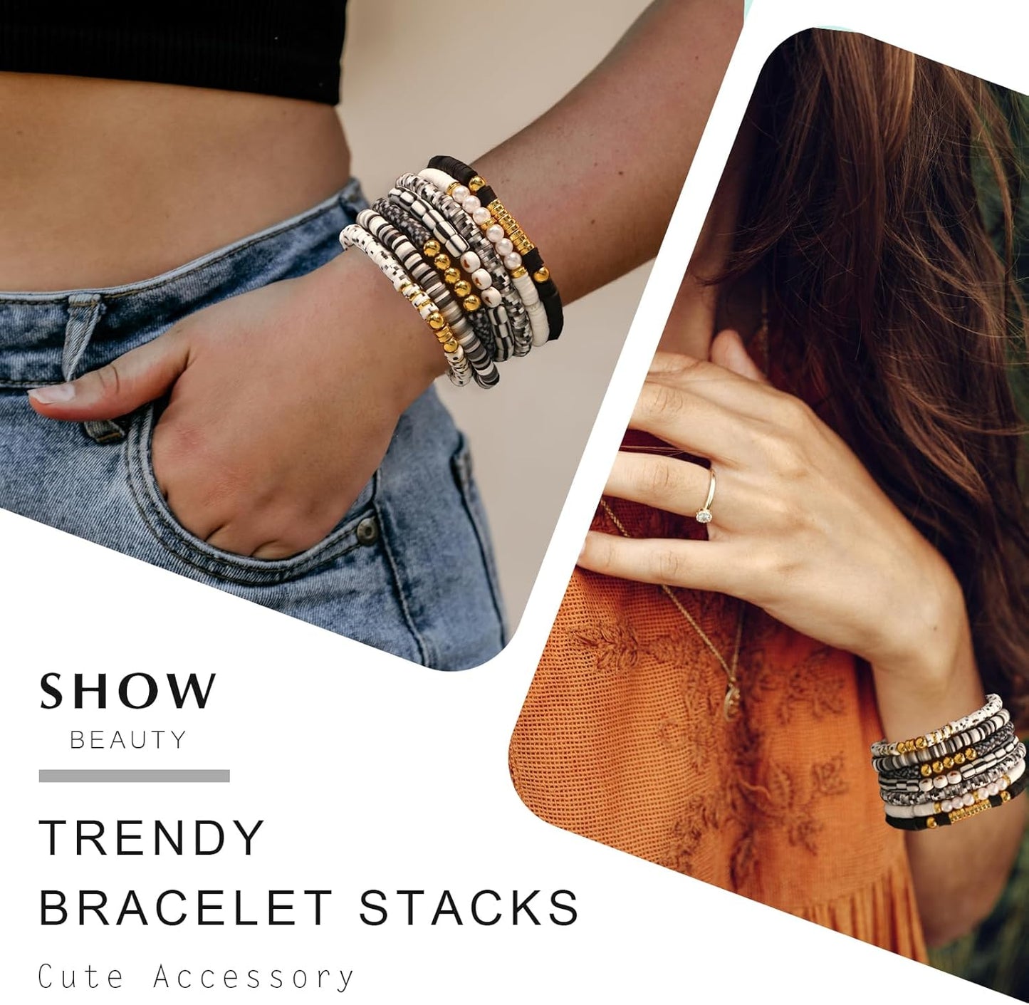 Friendship Bracelets Trendy Heishi Clay Bead Bracelets Stack Gold Beaded Stretch Bracelets for Women Boho Stackable Bracelets Bulk Cute Preppy Jewelry