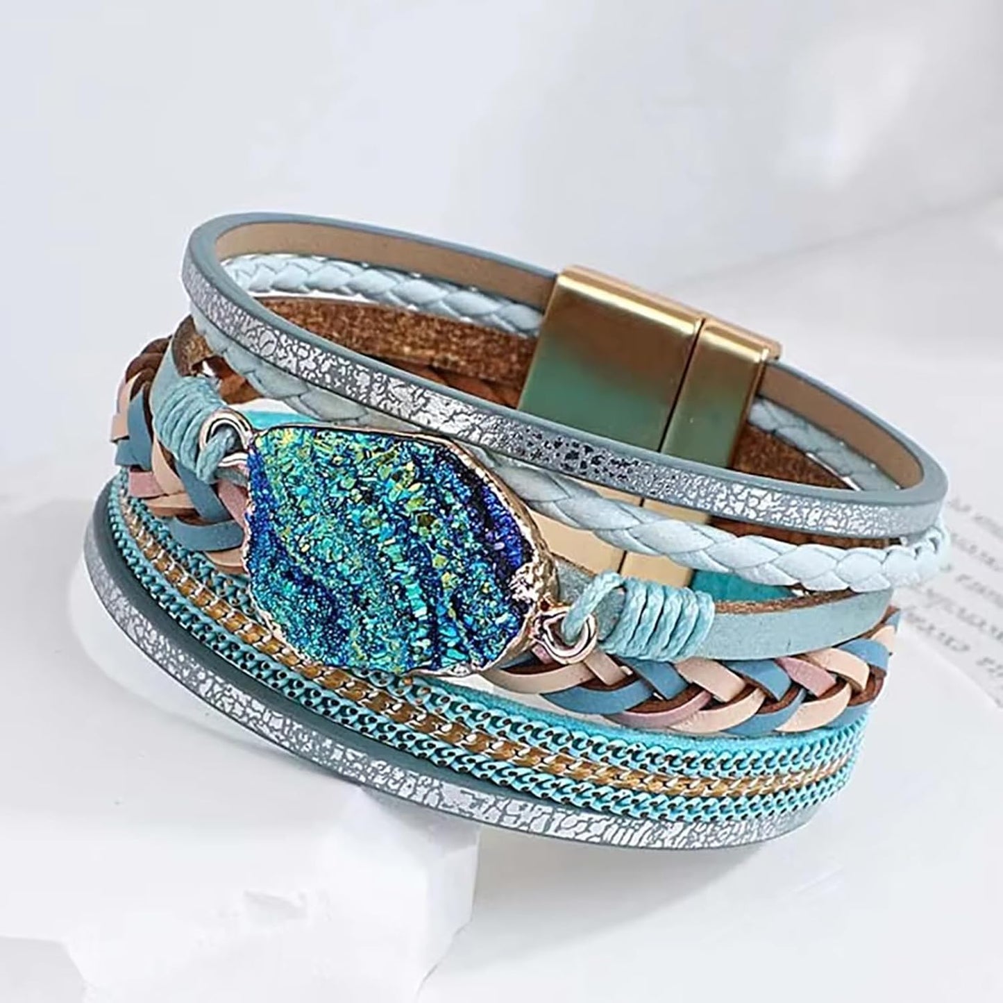 Fesciory Leopard Bracelet for Women, Boho Leather Wrap Multi-Layer Pearl Crystal Bracelet Bangle Jewelry